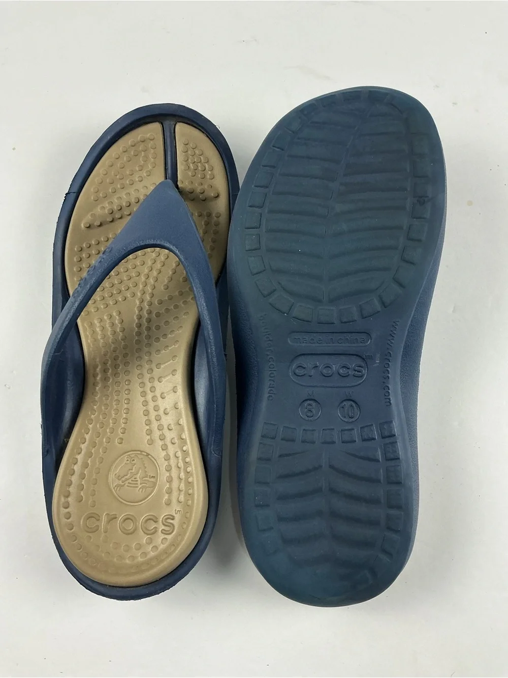 Unisex CROCS Navy and Tan Foam Flip Flops